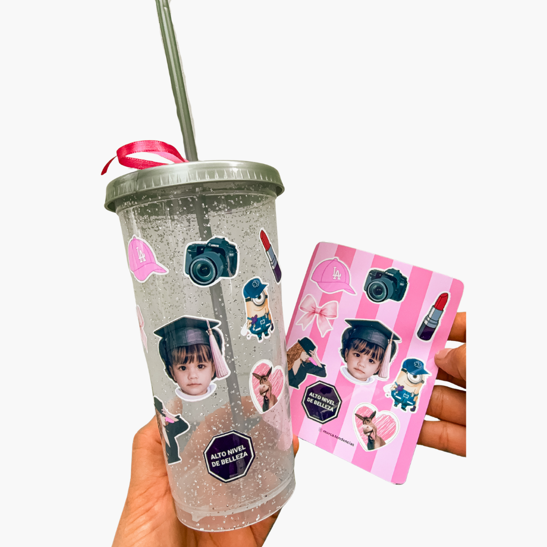 Duo — Vaso Glitter Plata + Plantilla de Stickers Personalizada