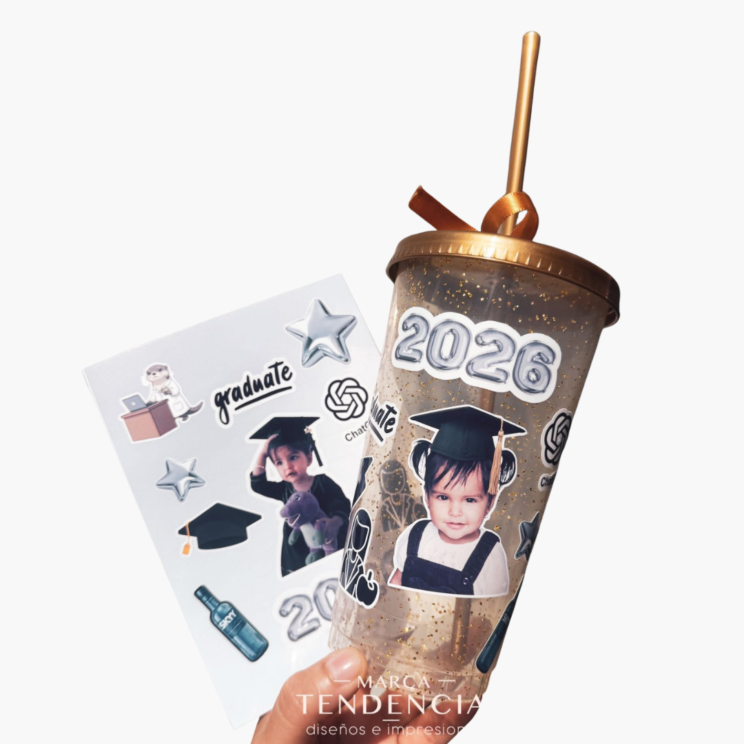 Duo — Vaso Glitter Dorado + Plantilla de Stickers Personalizada