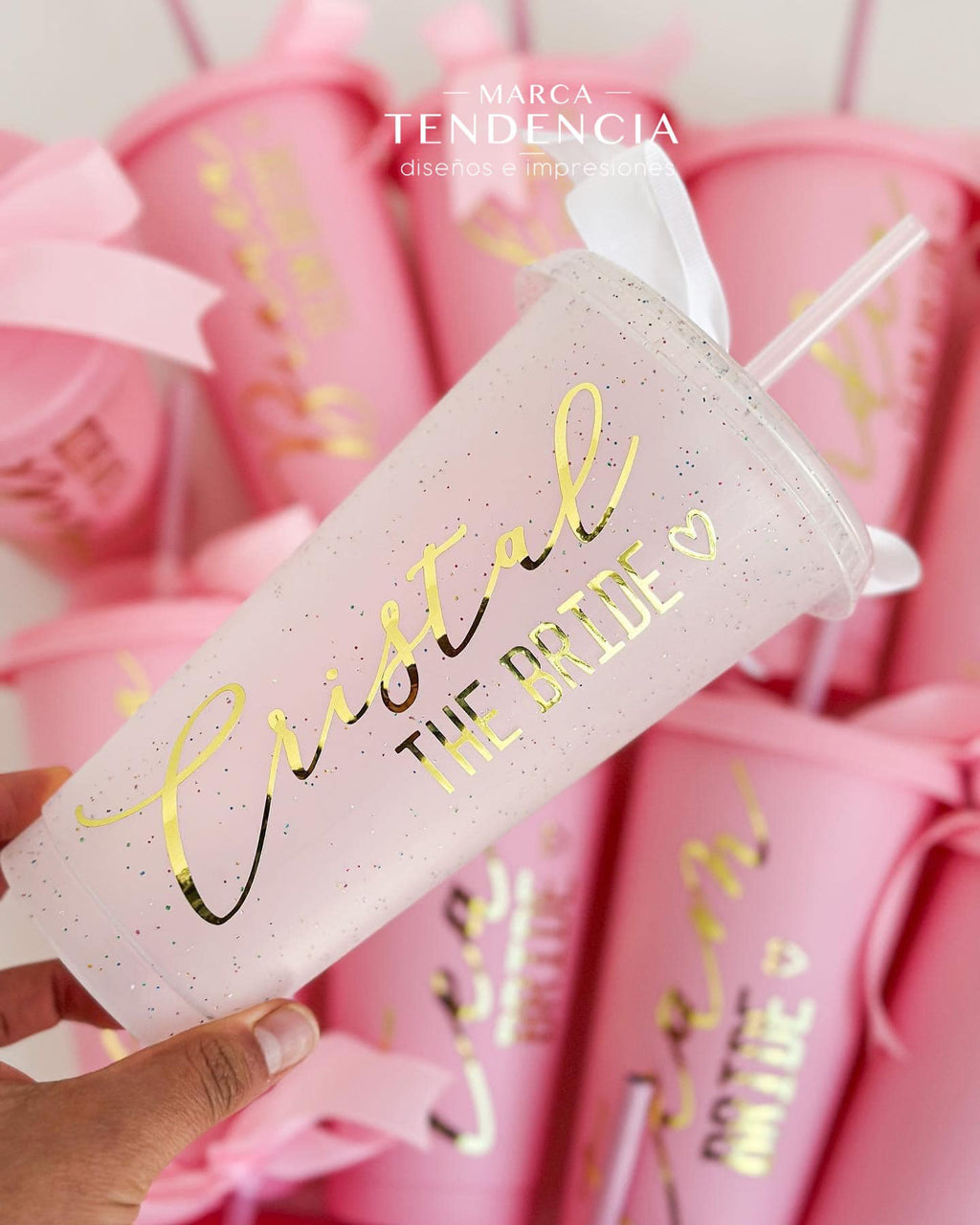 Vasos Rosas Para Damas de Honor y de Novia Con detalles color Oro