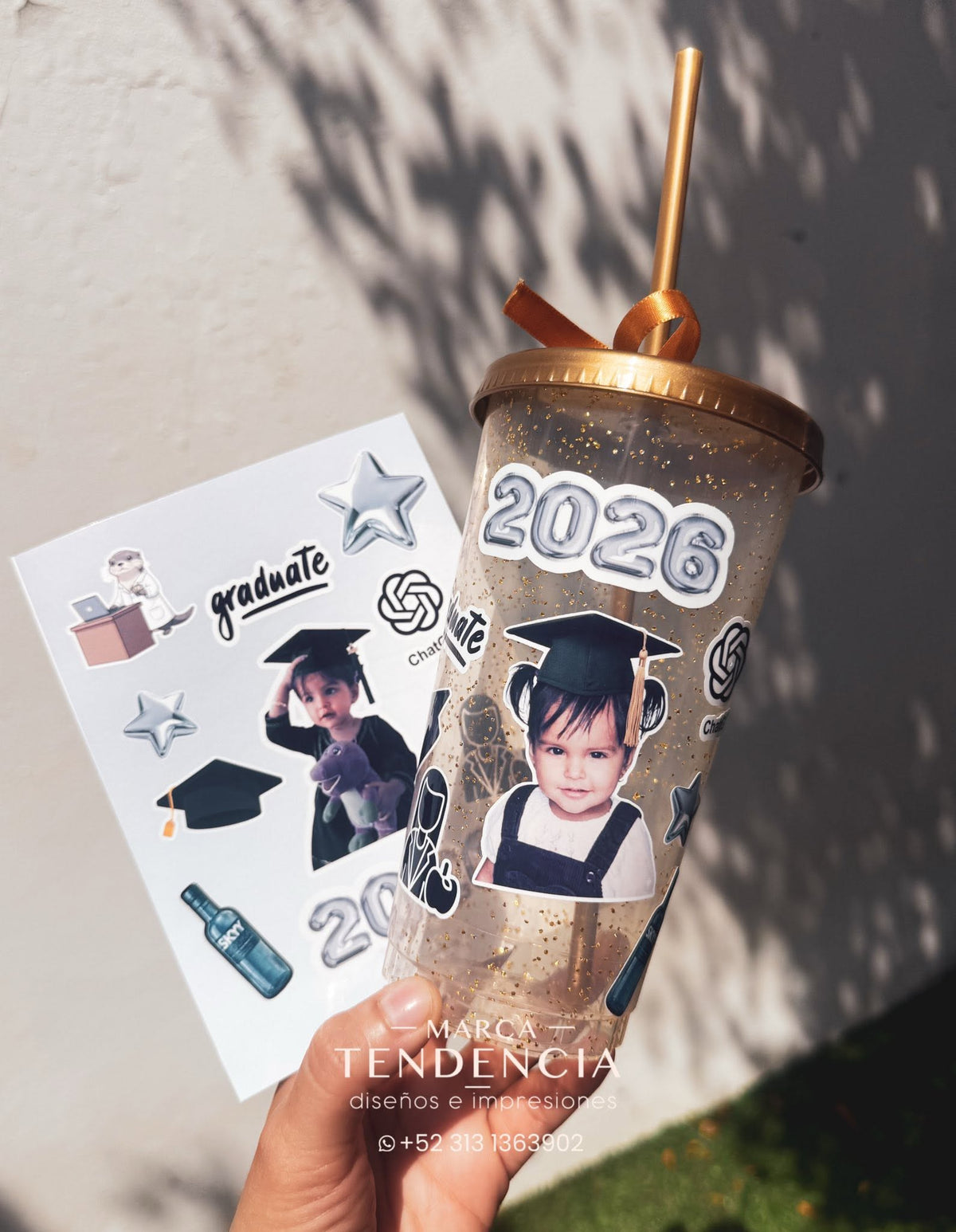 Vaso Glitter Dorado con Plantilla de Stickers para Personalización - Desde 10 pares