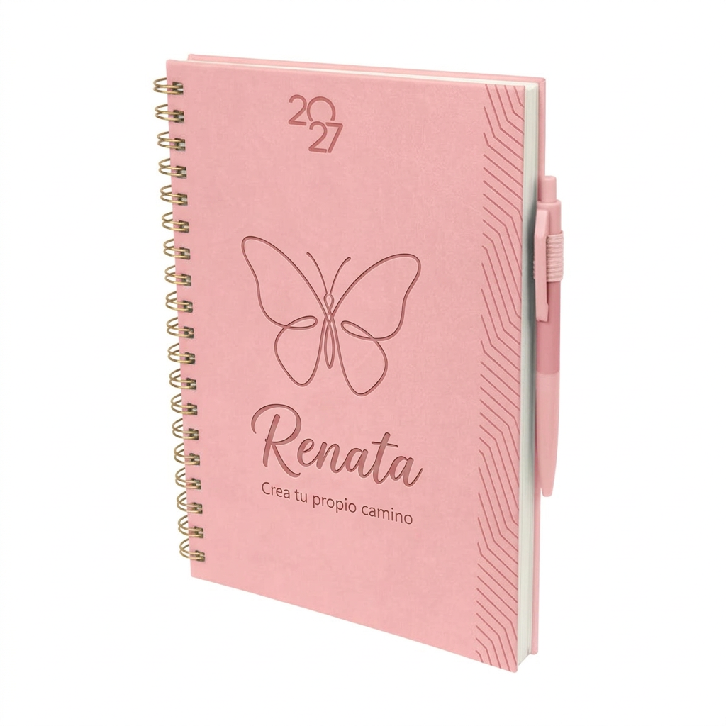 Agenda semanal 2027 personalizada con bolígrafo | Rosa
